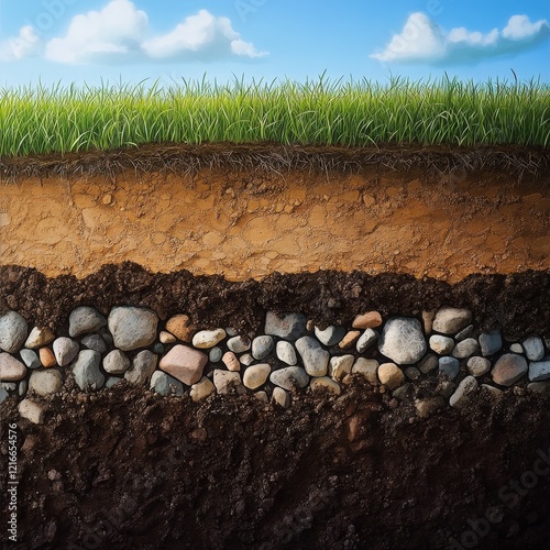 cross section of grass and soil layers with rocks and roots