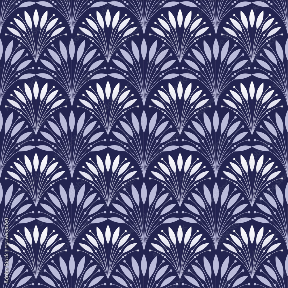 Art Deco seamless pattern. Geometric decorative texture with white leaves. Floral vector illustration on blue background. Art Deco seamless pattern. Geometric decorative texture with white leaves. Floral vector illustration on blue background.