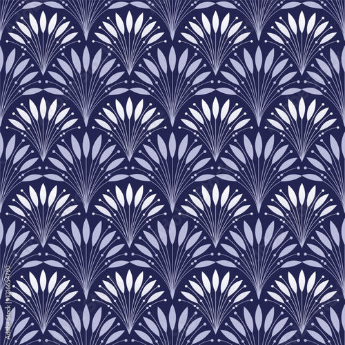 Art Deco seamless pattern. Geometric decorative texture with white leaves. Floral vector illustration on blue background.