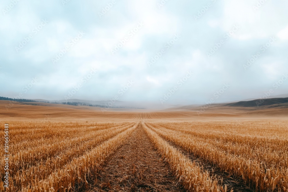 Golden fields stretch into the horizon beneath a moody sky in a tranquil landscape at dusk. Generative AI Golden fields stretch into the horizon beneath a moody sky in a tranquil landscape at dusk. Generative AI