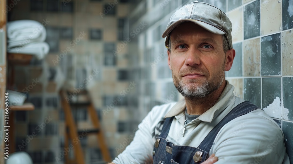 Dedicated Construction Worker in a Renovation Project. A Focused Professional in Action. Dedicated Construction Worker in a Renovation Project. A Focused Professional in Action.