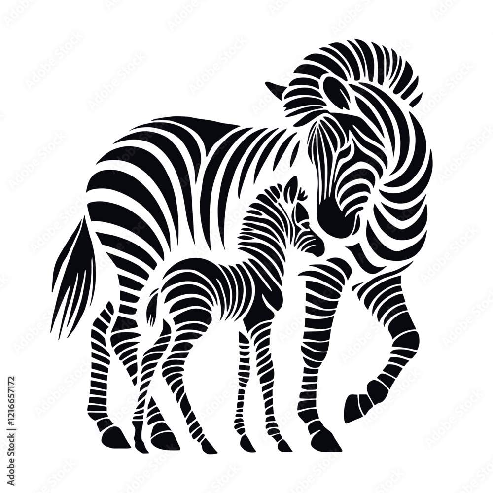 A black and white silhouette of zebra with baby, minimalist stroke lines, minimalist art, vector, isolated, transparent background A black and white silhouette of zebra with baby, minimalist stroke lines, minimalist art, vector, isolated, transparent background