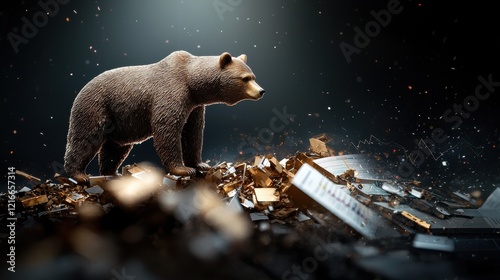 Grizzly bear amidst shattered gold urban ruins wildlife encounter industrial landscape ground perspective nature resilience photo