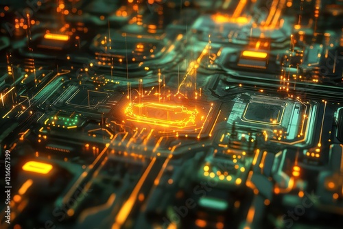 Nanoscale circuit pathways interconnecting within a futuristic microchip, illustrating the advanced technology of nanocircuitry photo