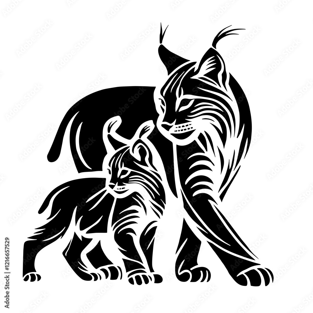A black and white silhouette of lynx with baby, minimalist stroke lines, minimalist art, vector, isolated, transparent background, Mother's Day A black and white silhouette of lynx with baby, minimalist stroke lines, minimalist art, vector, isolated, transparent background, Mother's Day