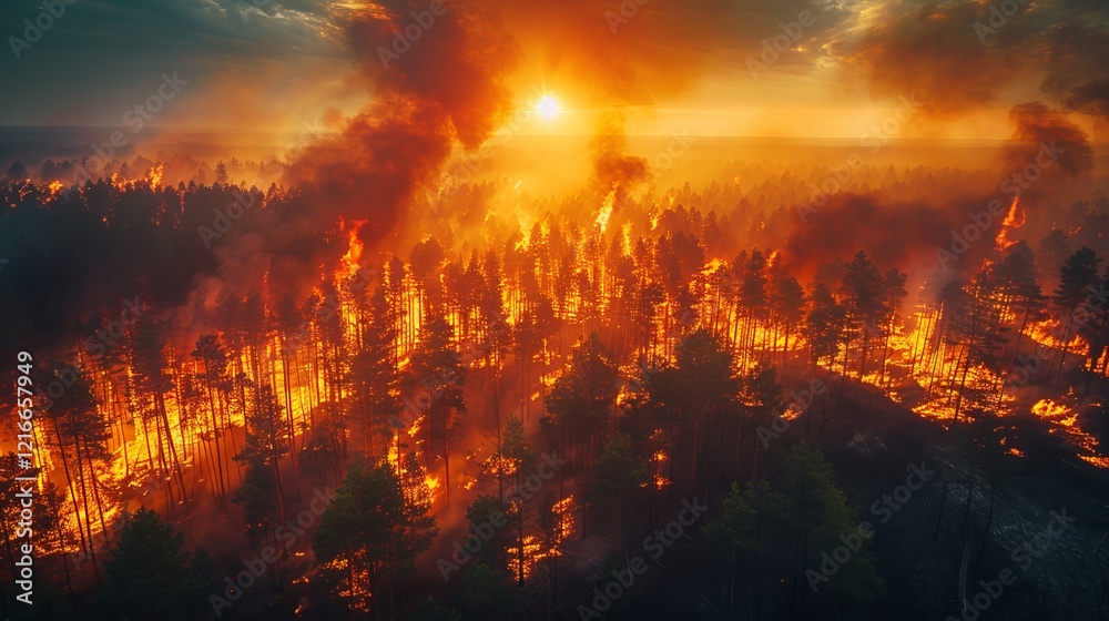 Devastating Forest Fire Engulfs Landscape at Sunset: A Nature's Tragedy