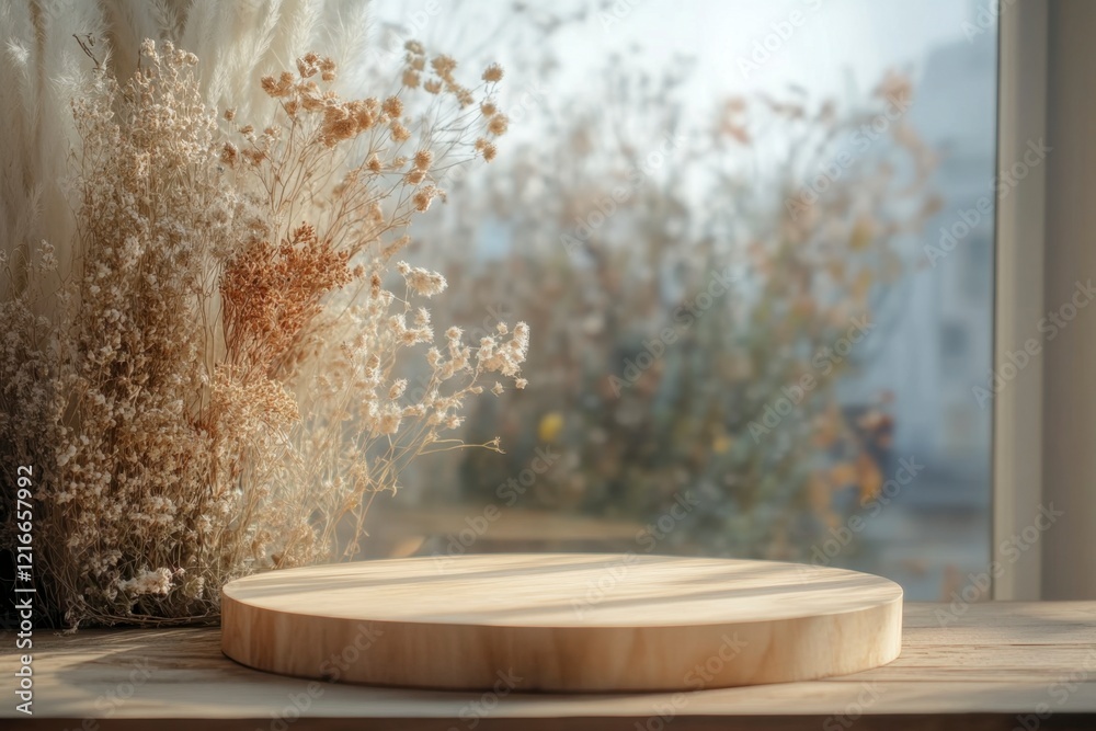 Fototapeta premium Natural Wood Pedestal with Dried Flowers in Soft Sunlight Scene