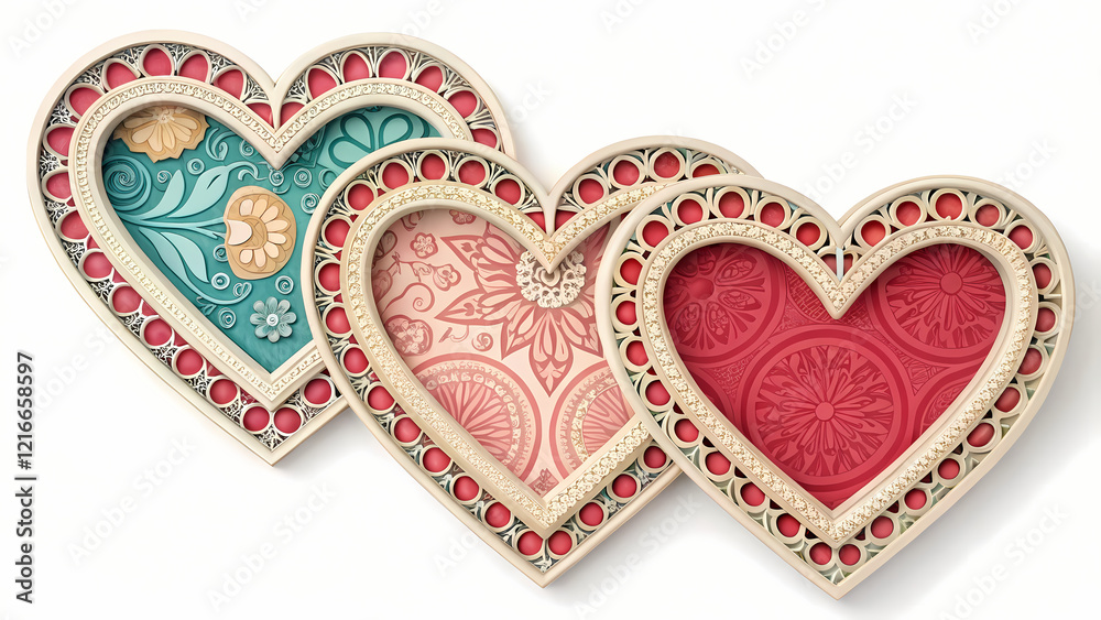 This image features a set of three decorative, layered heart shapes, each with a distinct pattern and color scheme. 