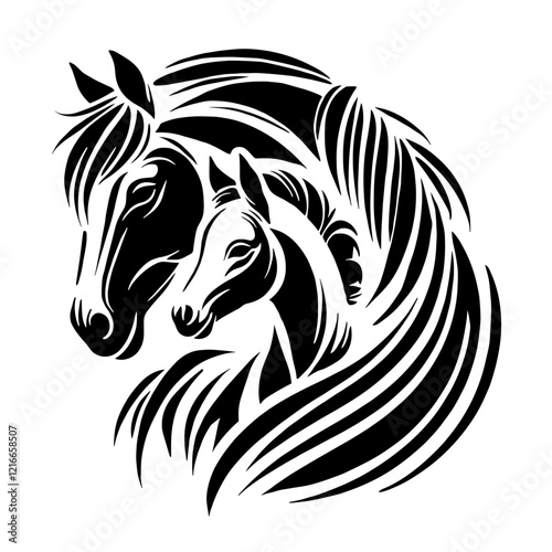 A black and white silhouette of horse with foal, minimalist stroke lines, minimalist art, vector, isolated, transparent background