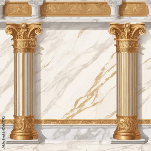 Marble roman column background, vector palace wall, gold striped tapestry, classical column illustration. Luxury Greek room, classic interior, architectural decor. vintage column background