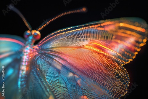 Nanostructured surfaces exhibiting iridescent colors like a futuristic butterfly wing, showcasing optical wonders at the nanoscale photo