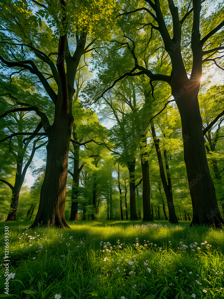 Fototapeta premium Enchanted forest field with glowing blooming flowers sunset sunlight, idyllic peaceful nature. Amazing landscape green spring summer scenery. Sunlit floral lush meadow blue sky. Inspire green serenity