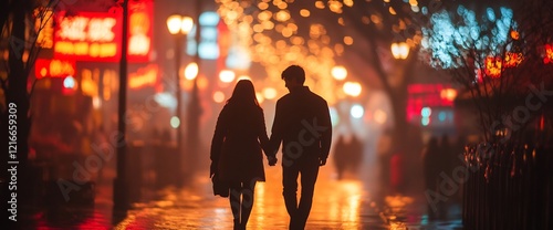 Couple holding hands, night city walk, romantic