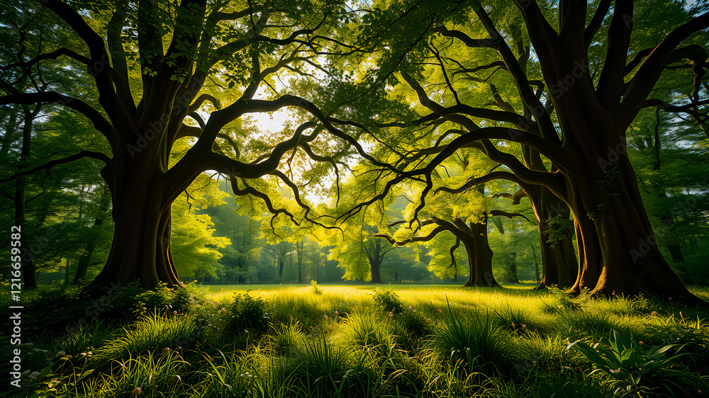 Naklejka premium Enchanted forest field with glowing blooming flowers sunset sunlight, idyllic peaceful nature. Amazing landscape green spring summer scenery. Sunlit floral lush meadow blue sky. Inspire green serenity
