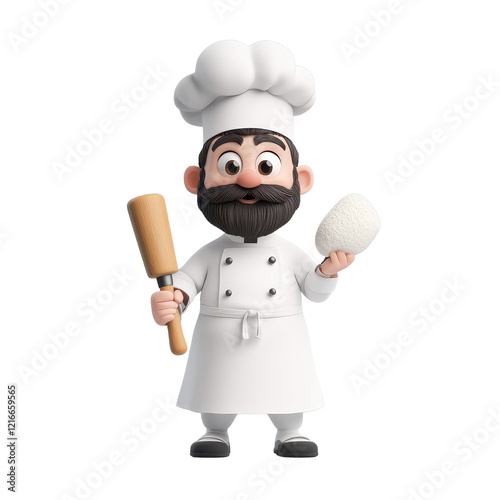 3d chef character holding a rolling pin and preparing dough in a kitchen environment.