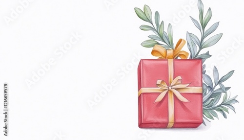 A beautifully wrapped red gift box adorned with a yellow ribbon and surrounded by green foliage, evoking celebration