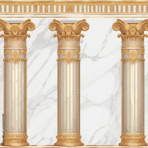 Marble roman column background, vector palace wall, gold striped tapestry, classical column illustration. Luxury Greek room, classic interior, architectural decor. vintage column background