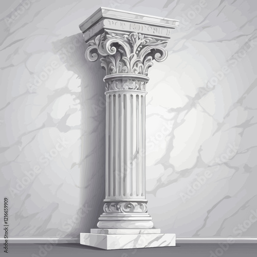 Marble roman column background, vector palace wall, gold striped tapestry, classical column illustration. Luxury Greek room, classic interior, architectural decor. vintage column background