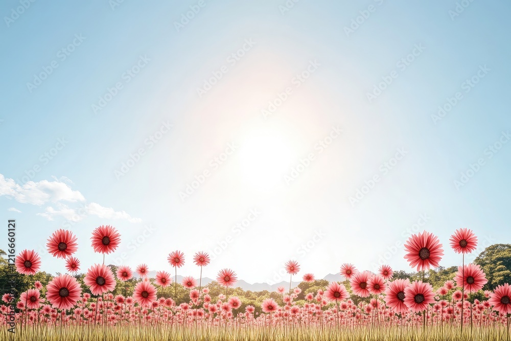 Vibrant field of pink flowers under a bright blue sky, showcasing nature's beauty and serenity Vibrant field of pink flowers under a bright blue sky, showcasing nature's beauty and serenity