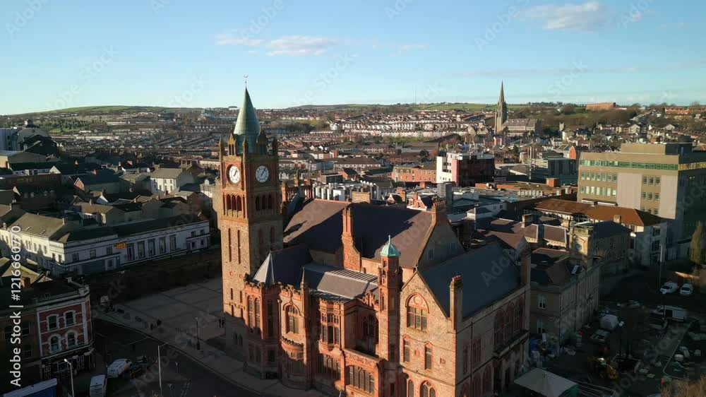 Reversing aerial of the Guildhall in Derry-Londonderry in Northern Ireland. Beginning at the clock tower, the camera reveals the River Foyle and Peace Bridge. Filmed in 4K, 60fps with Rec709 color.