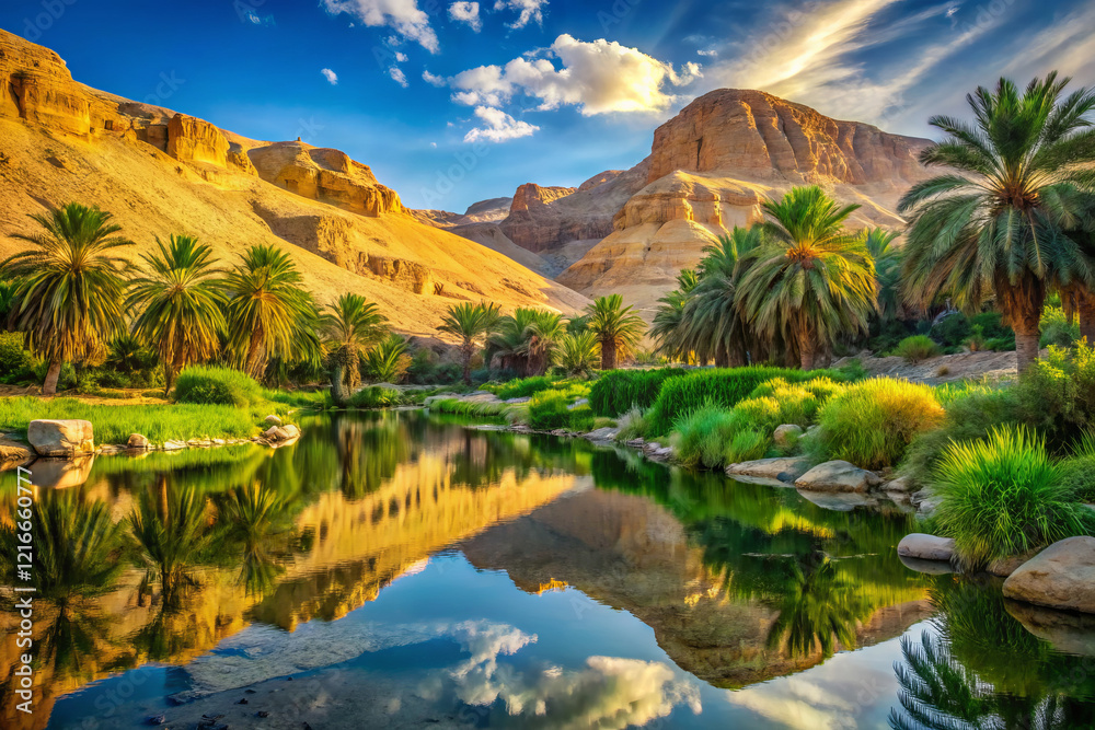 Obraz premium serene oasis with palm trees reflecting in calm water, surrounded by mountains
