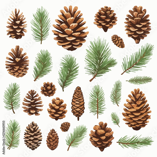 Cartoon fairground, Christmas tree, pine cone, evergreen plant, cedar branch, winter decoration, poinsettia, festive element. Christmas nature icon isolated on white background. Vector illustration