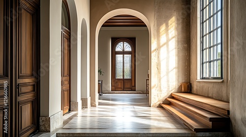 Sunlit hallway with arched doorways, marble floor, and wooden stairs.