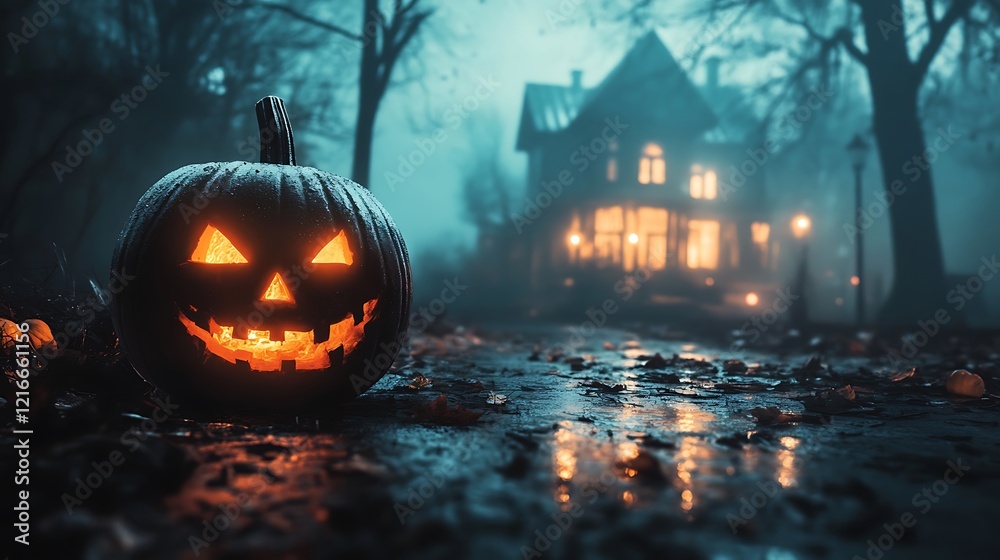 A Glowing Jack-o'-Lantern in a Foggy Halloween Setting A Glowing Jack-o'-Lantern in a Foggy Halloween Setting