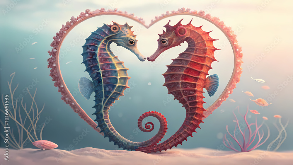 Obraz premium This image presents a whimsical and romantic underwater scene featuring two seahorses forming a heart shape with their bodies.