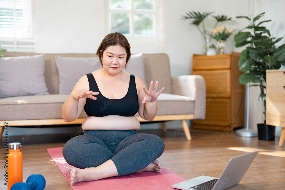 Plus-size woman practicing mindfulness and meditation at home, focusing on wellness and healthy living Plus-size woman practicing mindfulness and meditation at home, focusing on wellness and healthy living