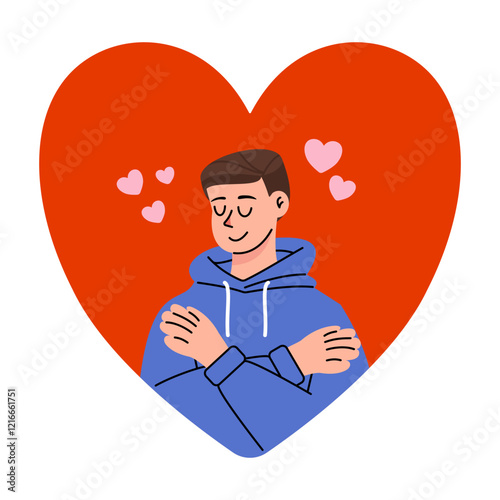 A man hugging himself symbolizes self-love and self-care.