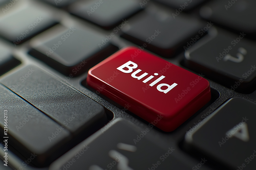 Red keyboard button with the word Build in white. Red keyboard button with the word Build in white.