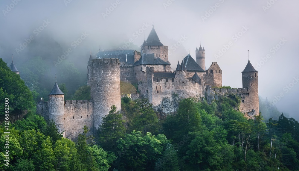 A medieval castle surrounded by dense fog and trees, evoking mystery and adventure A medieval castle surrounded by dense fog and trees, evoking mystery and adventure