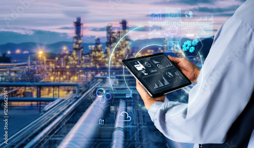 Smart industry 4.0 mangement control system concept.Hands holding tablet on blurred Chemical plant refinery industrial equipment as background