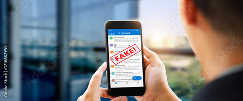 Fake E-mail scam or phishing concept. Man hands using smart phone