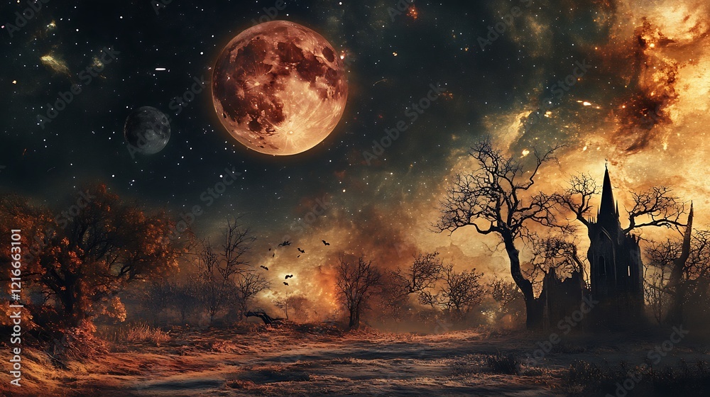 An Eerie Night Sky with a Red Moon, a Church, and Bats Flying Through the Air An Eerie Night Sky with a Red Moon, a Church, and Bats Flying Through the Air