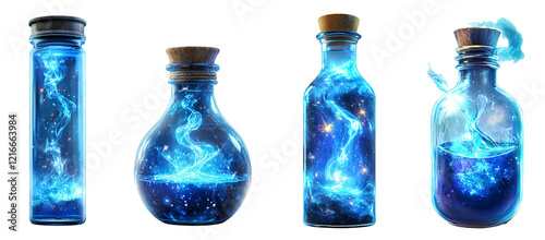 Blue potion bottles glowing with mystical light swirling energy on transparent background