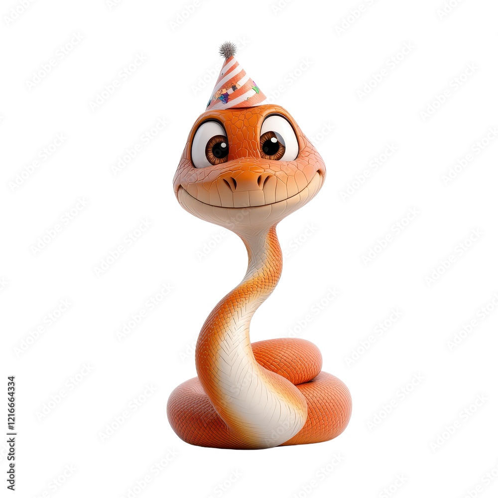 Fototapeta premium Toy snake wearing a colorful birthday hat on a plain background for festive decoration or celebration.