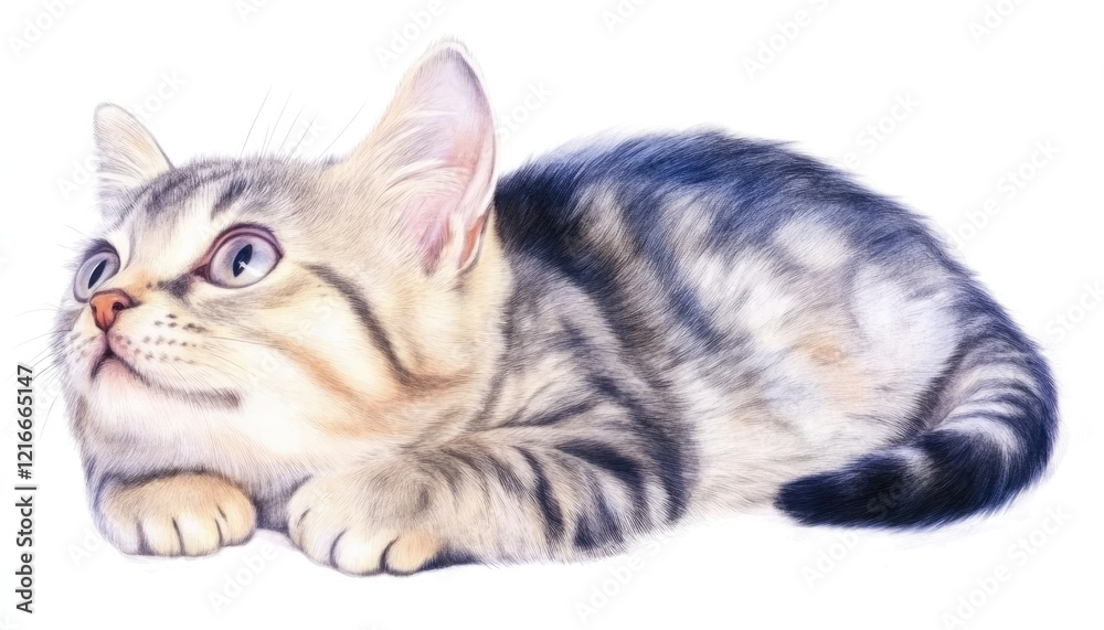Obraz premium Playful kitten lying on a soft surface, gazing curiously at something in the distance, with soft lighting