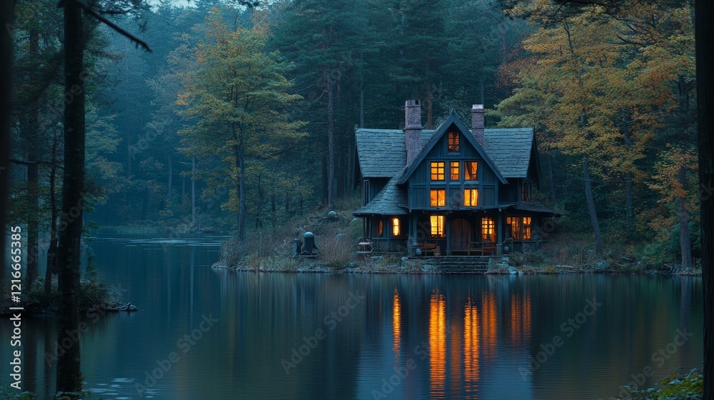 Fototapeta premium Secluded Lakeside Cottage in Autumnal Forest at Dusk, Glowing Windows, Tranquil Scene