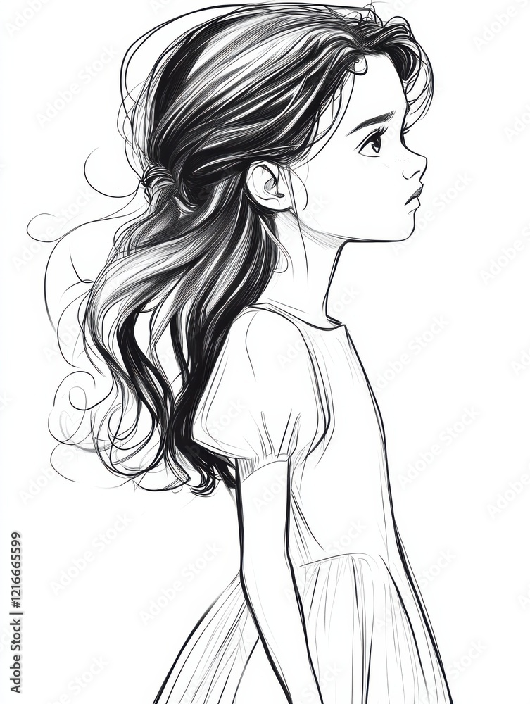Girl with wavy hair gazes into the distance in a simple dress during an artistic moment Girl with wavy hair gazes into the distance in a simple dress during an artistic moment
