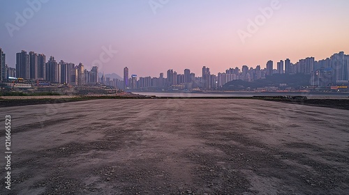 Empty paved expanse, urban skyline, tranquil dawn, construction, city, development, 