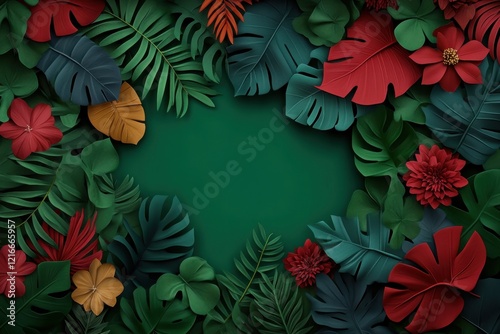 Colorful tropical foliage creates a vibrant background for decorations or designs in a creative workspace