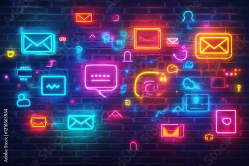 Neon-highlighted digital communication icons, featuring speech bubbles, envelopes, and chat symbols, glowing in vibrant, electric colors against a dark background photo