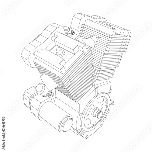 Vector Motorcycles engine V-twin line drawing technical blueprints Illustration Isometric view.  isolated on transparent background