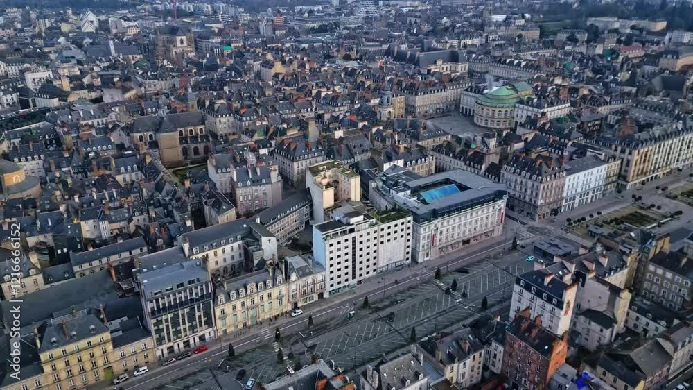 Receding drone movement from the Quartier République and Opéra with town hall, Bretagne, Rennes in France. Receding drone movement from the Quartier République and Opéra with town hall, Bretagne, Rennes in France.