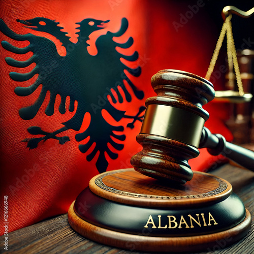 An impactful image featuring the Albania flag alongside a judges gavel, symbolizing justice, law, A strong representation of legal authority and regional. photo