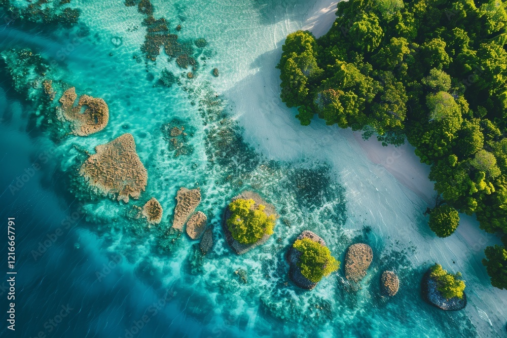 Obraz premium Aerial view of stunningly turquoise Maldives islands, Shallow reef lagoon aerial view, This photo captures of a vast ocean, Aerial view of stunningly turquoise Maldives islands, AI Generated