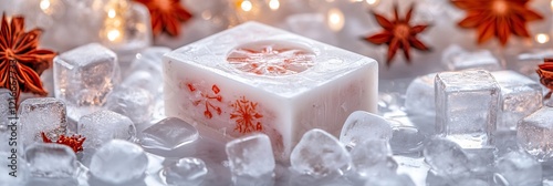 Festive Winter Candle in Ice Cubes. A beautiful Christmas decor, perfect for a wintery ambiance. photo