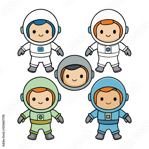 Four Cute Cartoon Astronauts in Space Suits